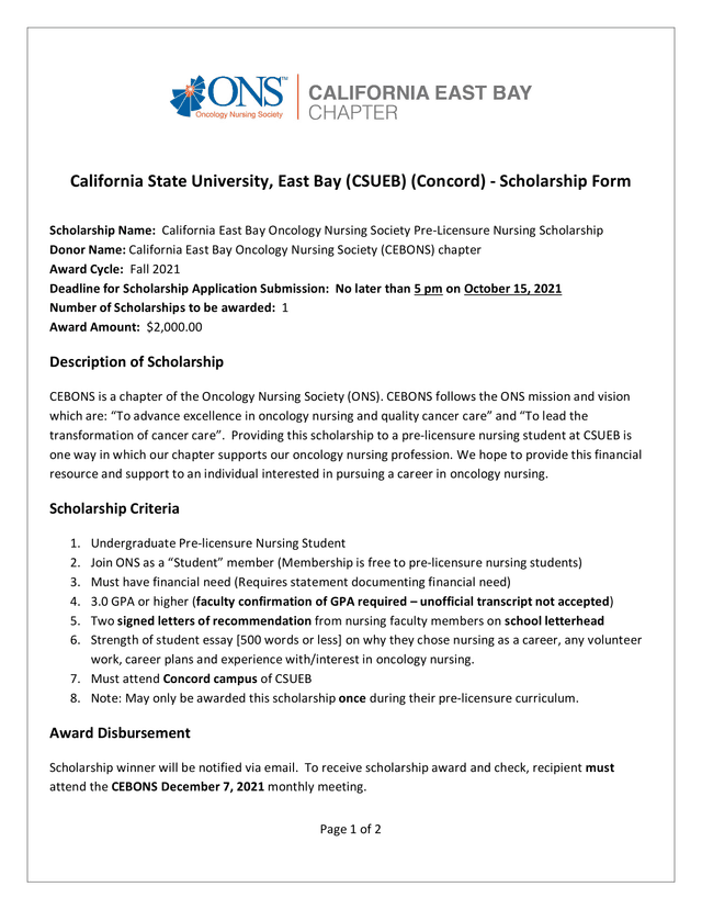 California State University, East Bay (CSUEB)   Scholarship Form screenshot