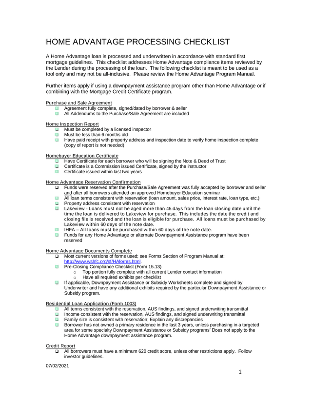 Home Advantage Processing Checklist screenshot