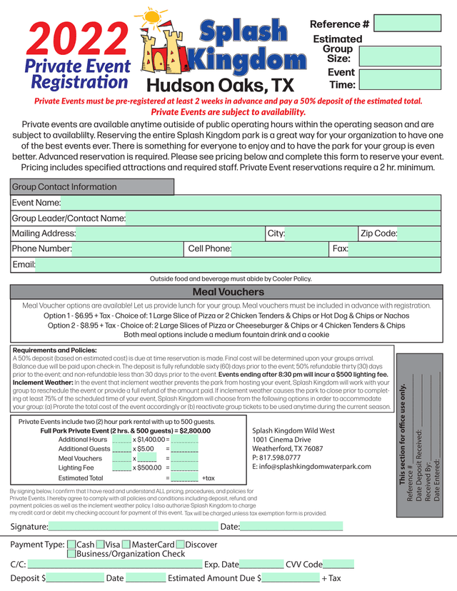 Splash Kingdom Private Events Registration Form screenshot
