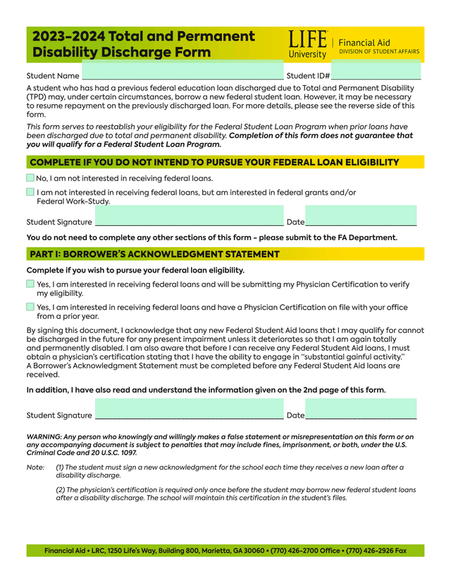 Federal Student Loan Eligibility Form screenshot