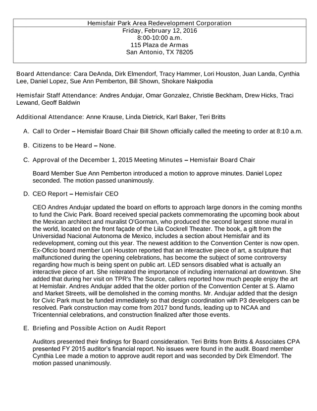 Hemisfair Park Area Redevelopment Corporation Board Meeting Minutes screenshot