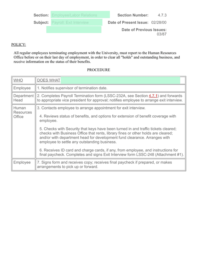 Payroll Exit Interview Policy screenshot