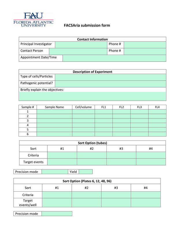 FACSAria Submission Form screenshot