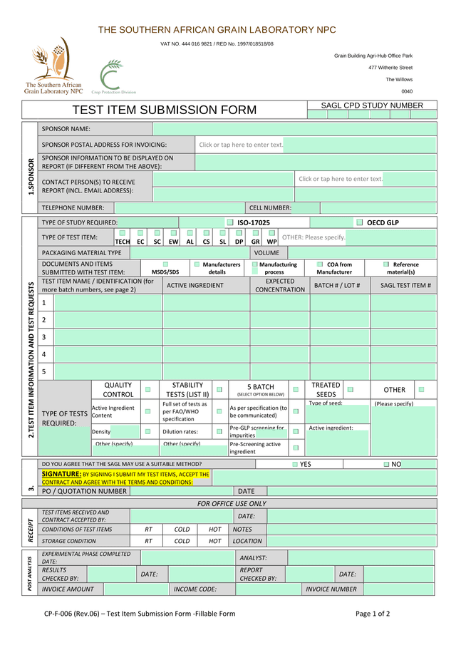 CP F 006 (Rev.06)  Test Item Submission Form  Fillable Form screenshot
