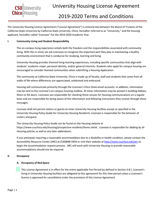 University Housing License Agreement screenshot