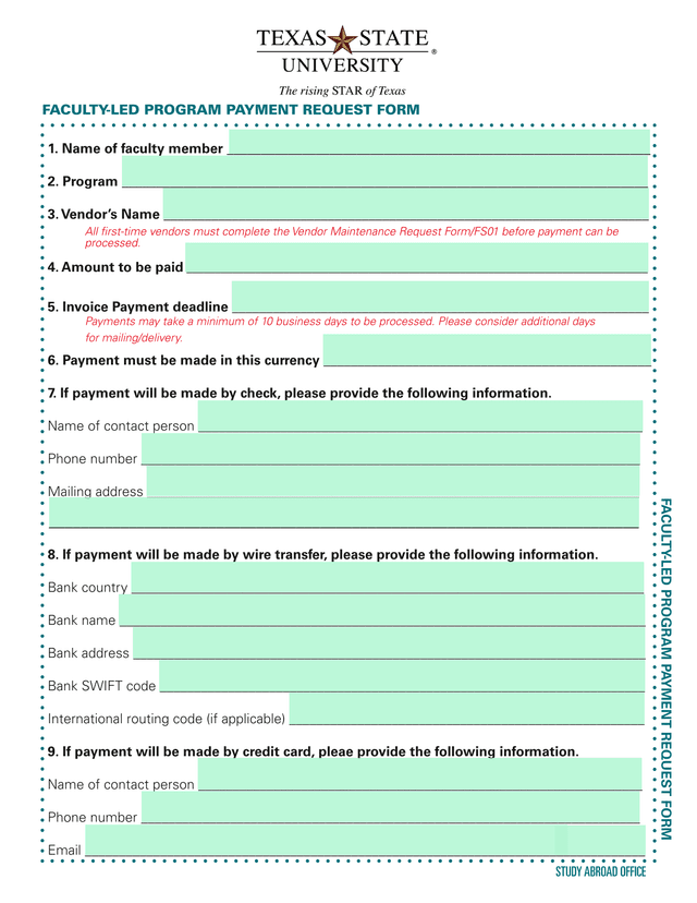 FACULTY LED PROGRAM PAYMENT REQUEST FORM screenshot