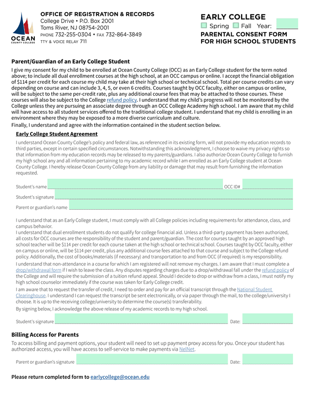 Early College Parental Consent Form screenshot
