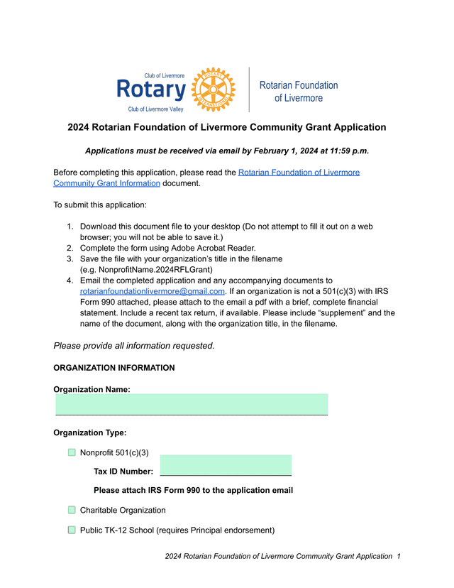 2024 Rotarian Foundation Of Livermore Community Grant Application screenshot
