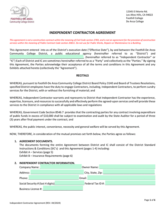 Independent Contractor Agreement screenshot