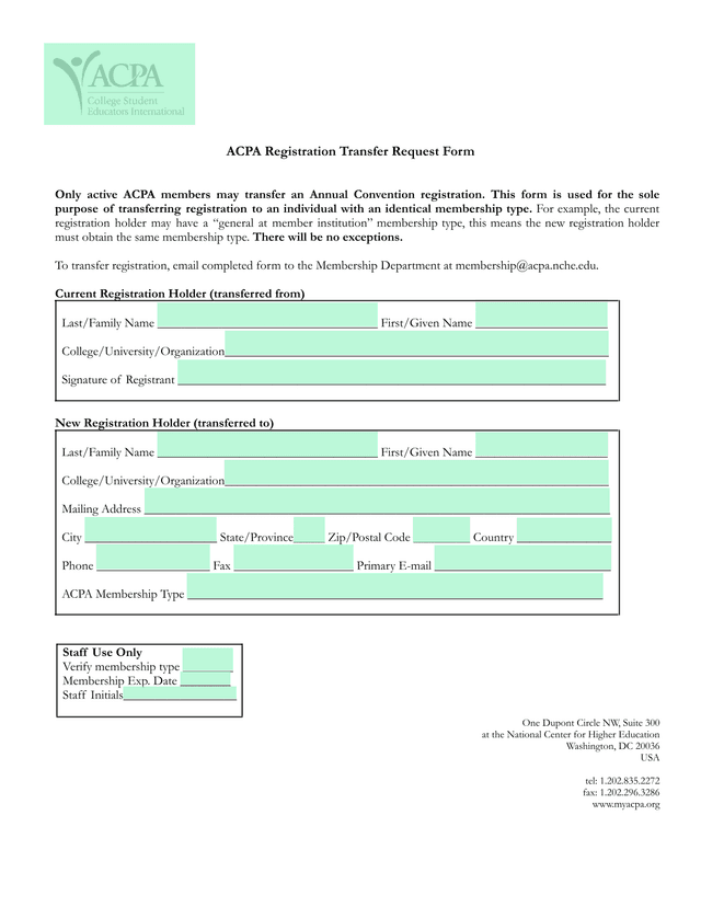 ACPA Registration Transfer Request Form screenshot