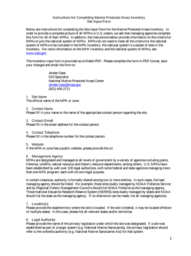 Instructions For Completing Marine Protected Areas Inventory Site Input Form screenshot