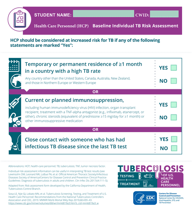 Health Care Personnel (HCP) Baseline Individual TB Risk Assessment screenshot