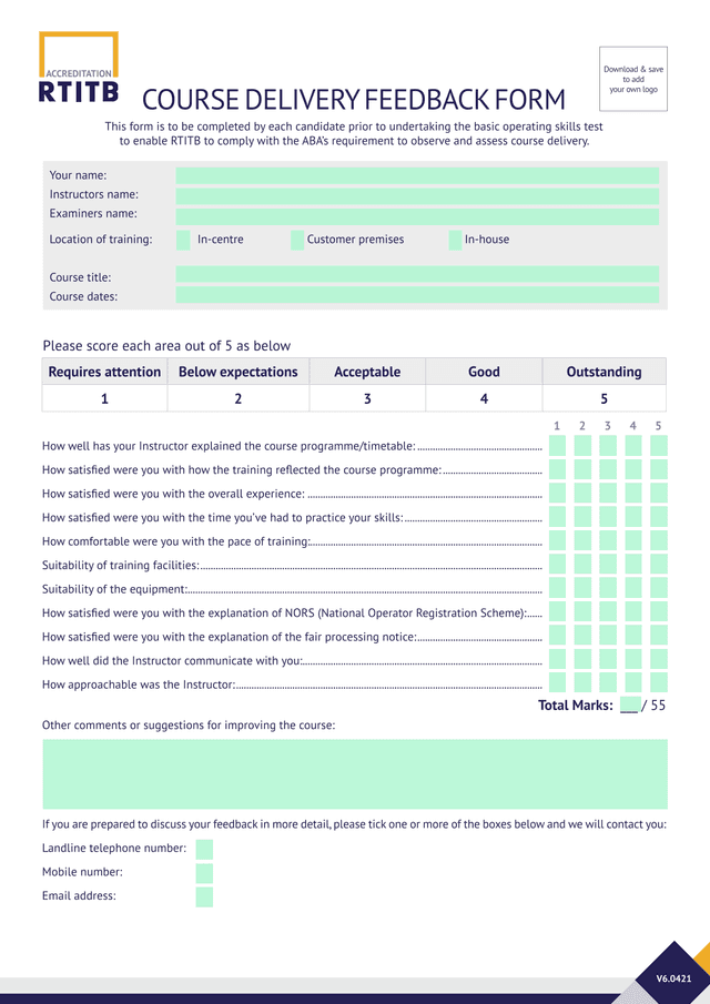 COURSE DELIVERY FEEDBACK FORM screenshot