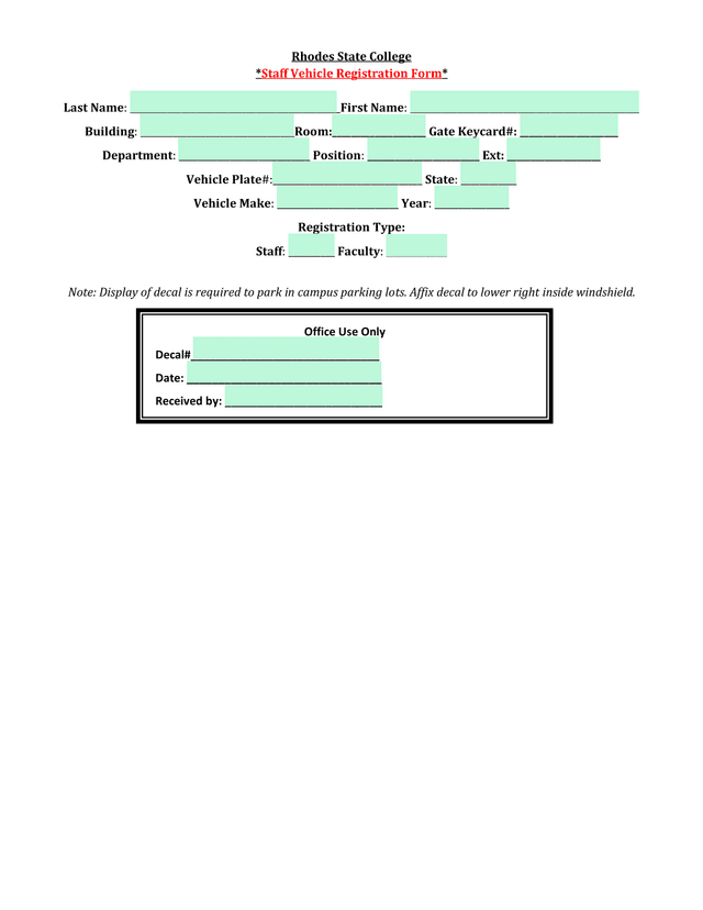 Staff Vehicle Registration Form screenshot