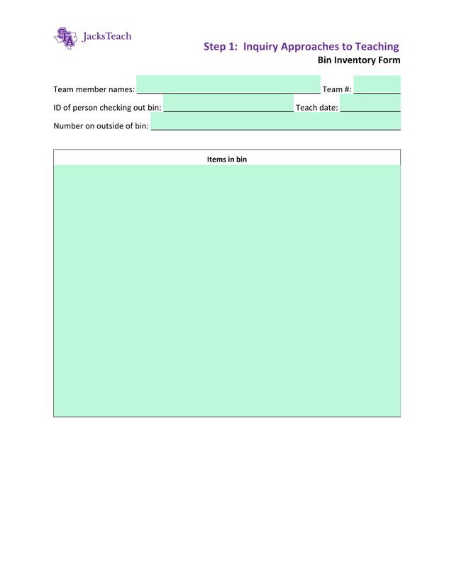 Bin Inventory Form screenshot