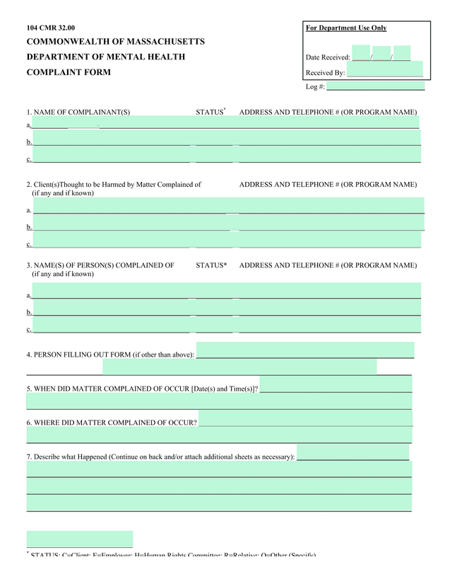 COMPLAINT FORM screenshot