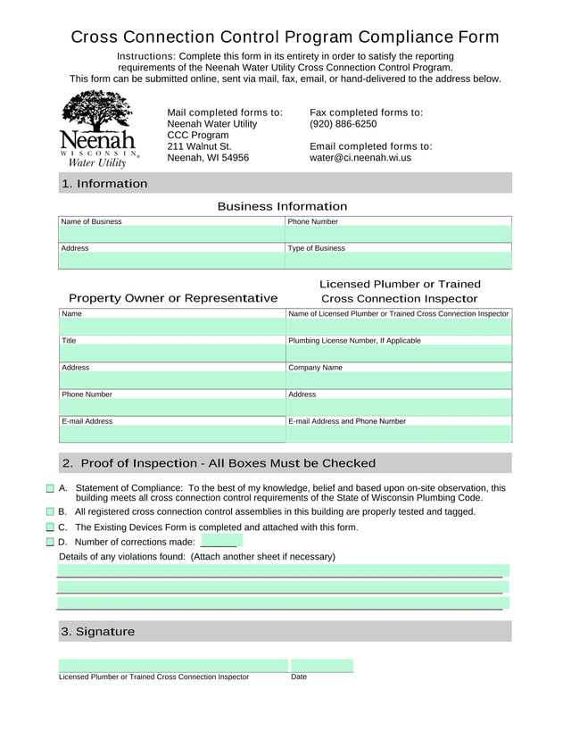Cross Connection Control Program Compliance Form screenshot