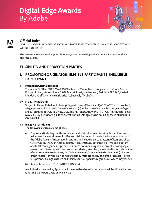 Adobe DIGITAL EDGE AWARDS Official Rules screenshot