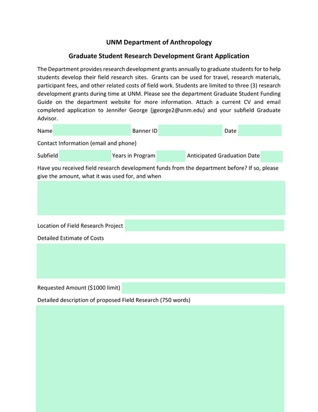 UNM Department Of Anthropology Graduate Student Research Development Grant Application screenshot