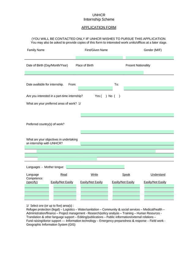 UNHCR Internship Scheme Application Form screenshot