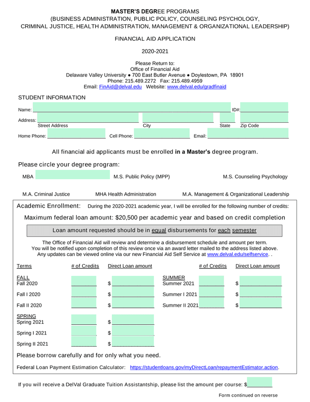 MasterS Degree Programs Financial Aid Application screenshot