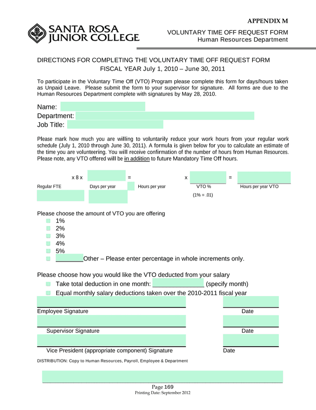 VOLUNTARY TIME OFF REQUEST FORM screenshot