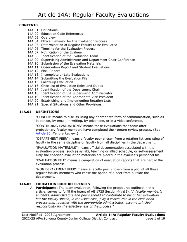 Article 14A Regular Faculty Evaluations screenshot