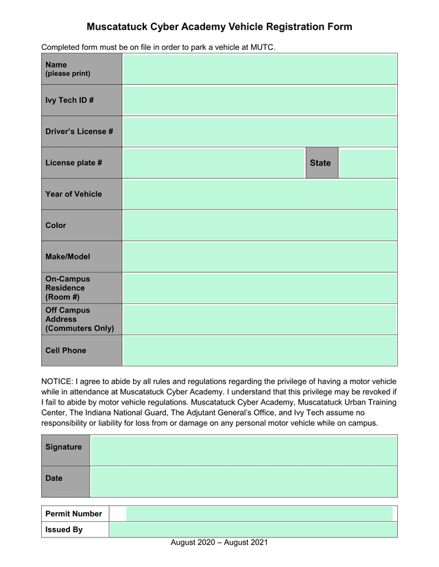 Muscatatuck Cyber Academy Vehicle Registration Form screenshot