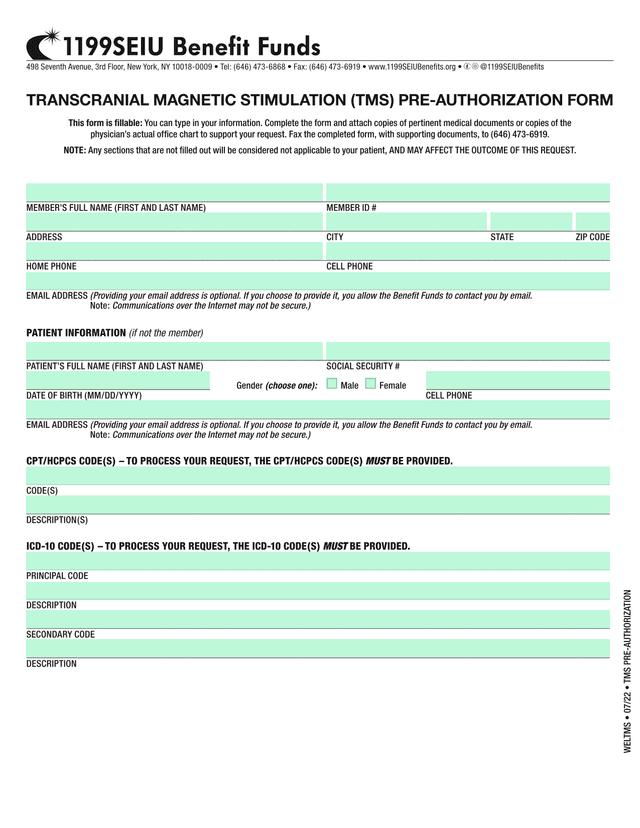 Transcranial Magnetic Stimulation (TMS) Pre Authorization Form screenshot