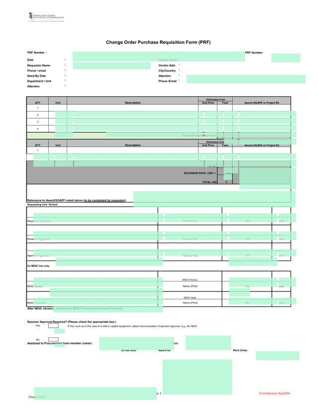 Change Order Purchase Requisition Form (PRF) screenshot