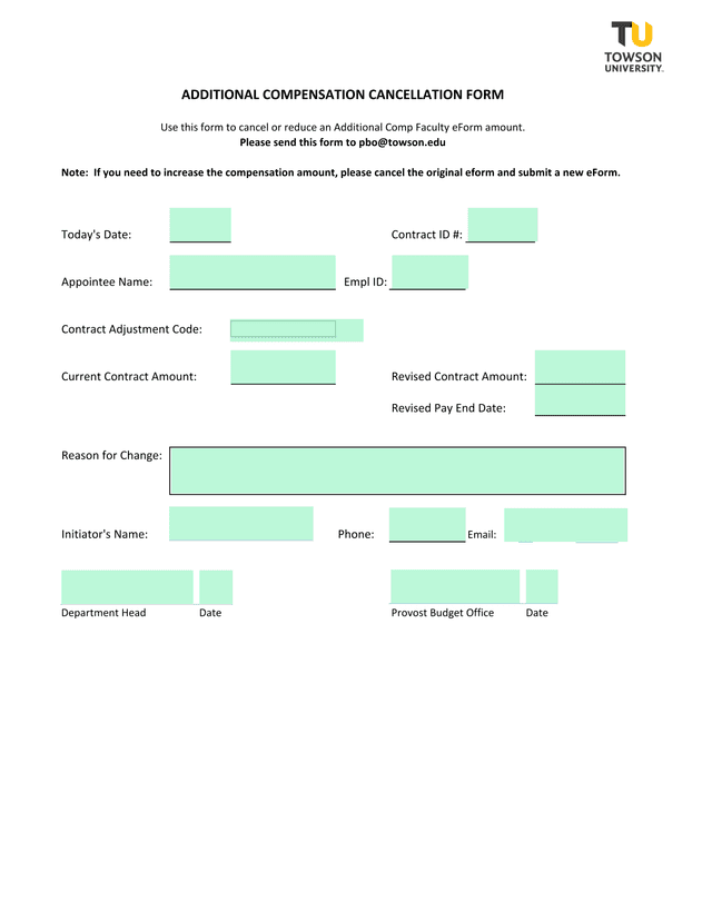 Additional Compensation Cancellation Form screenshot