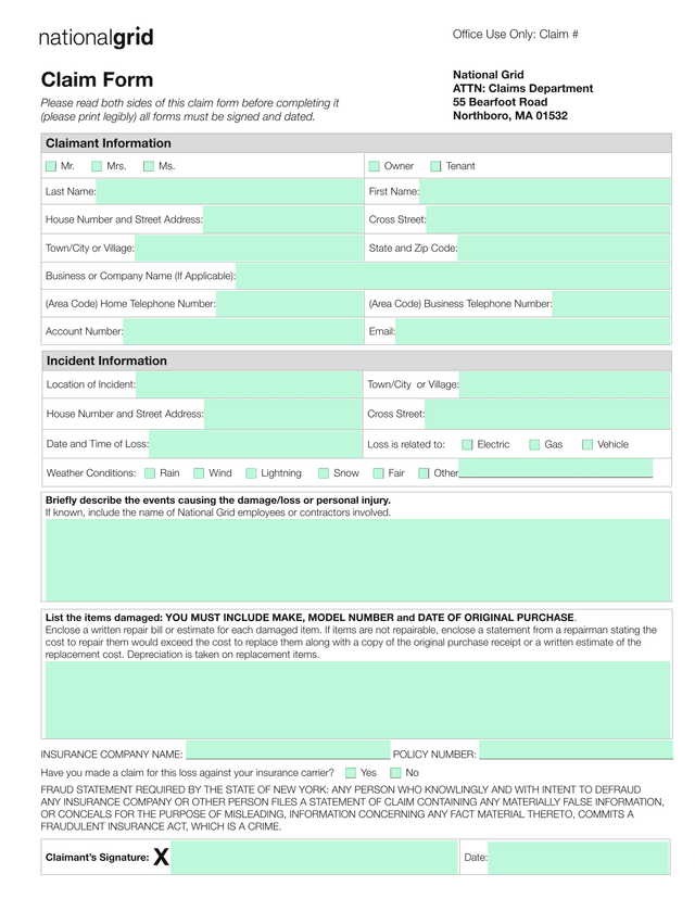 National Grid Claim Form screenshot