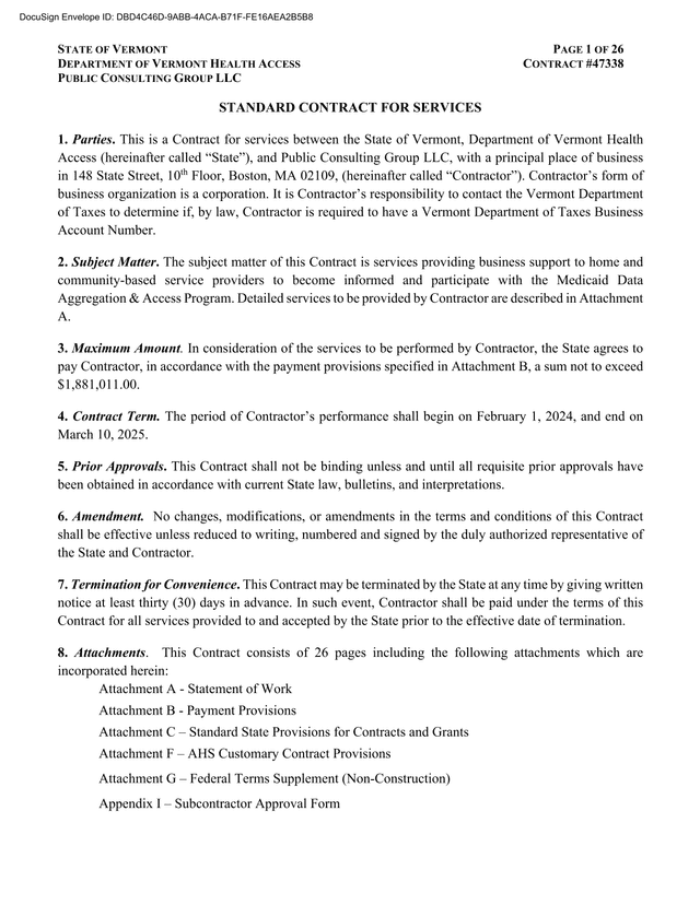 State Of Vermont Contract 47338 With Public Consulting Group LLC screenshot