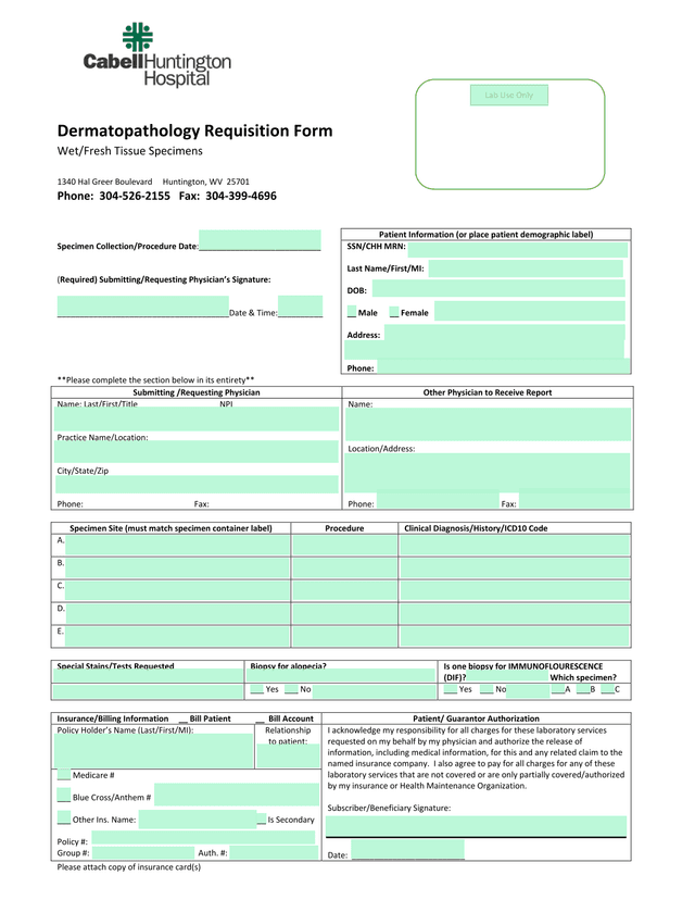 Dermatopathology Requisition Form screenshot