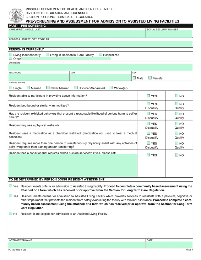 Pre Screening And Assessment For Admission To Assisted Living Facilities screenshot