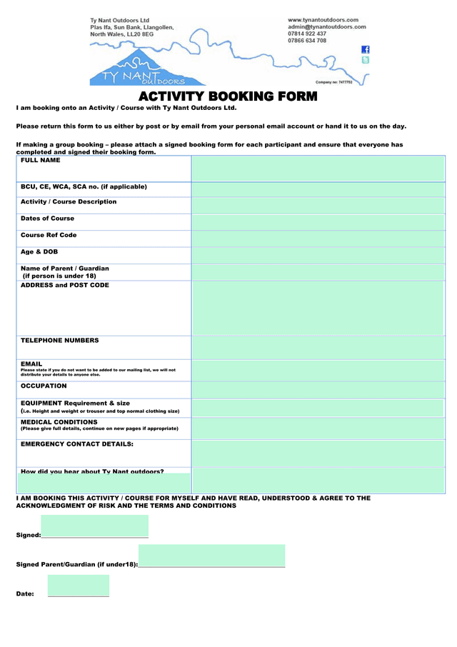 Activity Booking Form screenshot