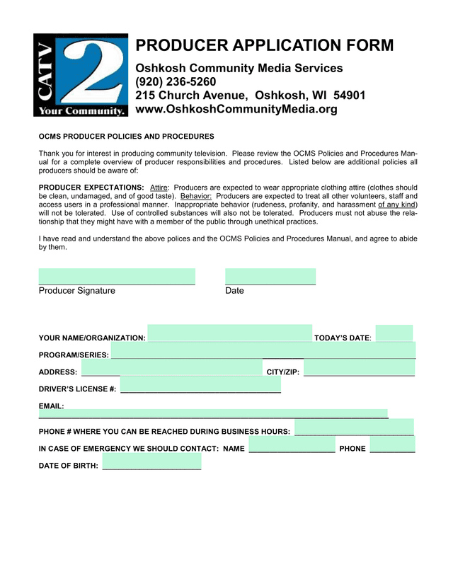 PRODUCER APPLICATION FORM screenshot