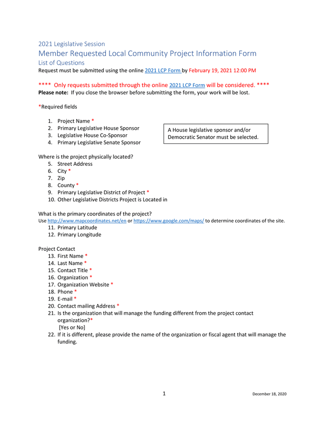 2021 Legislative Session Member Requested Local Community Project Information Form screenshot