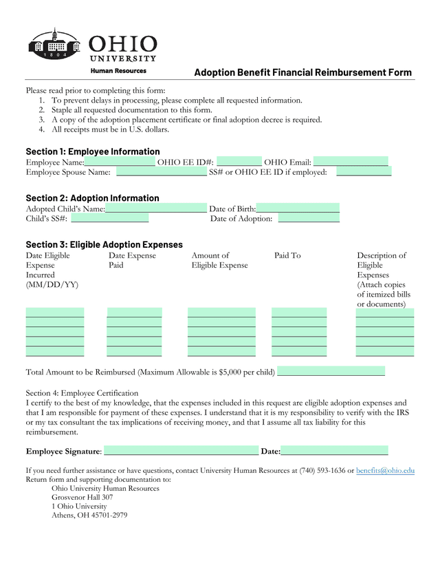 Adoption Benefit Financial Reimbursement Form screenshot