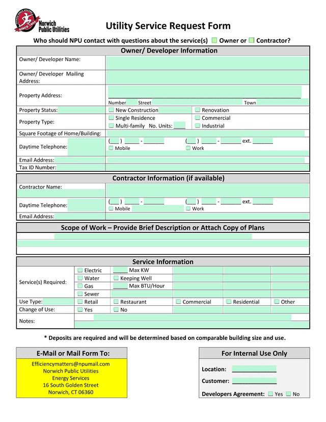 Utility Service Request Form screenshot