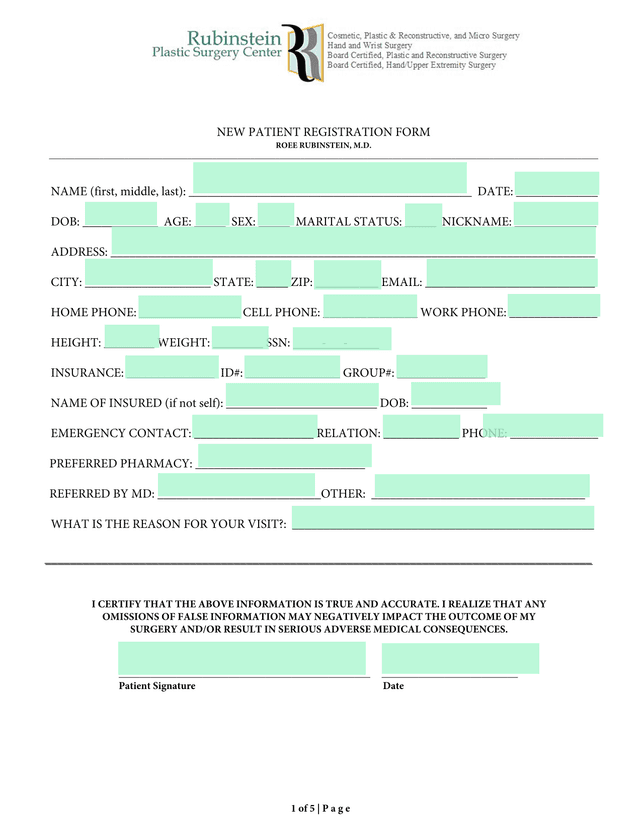 NEW PATIENT REGISTRATION FORM screenshot