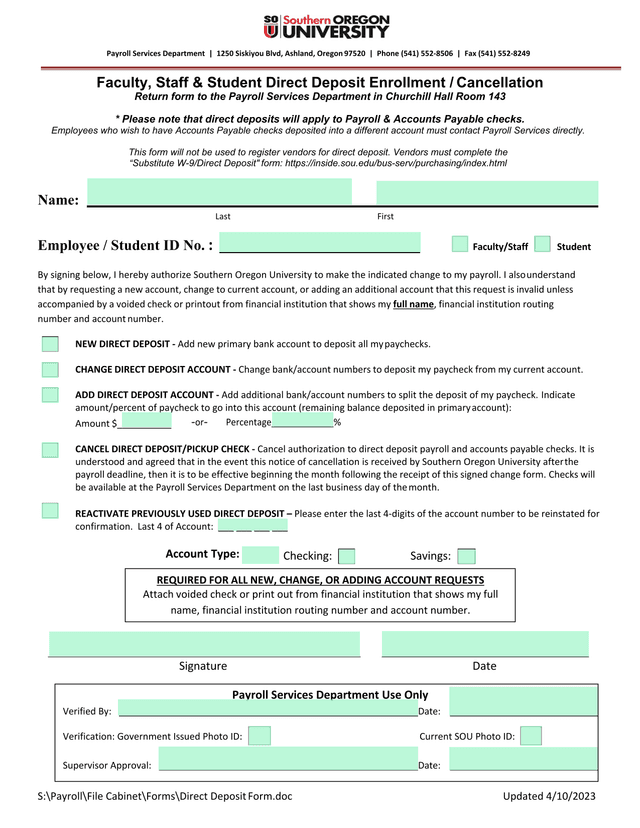 Faculty, Staff  Student Direct Deposit Enrollment  Cancellation screenshot