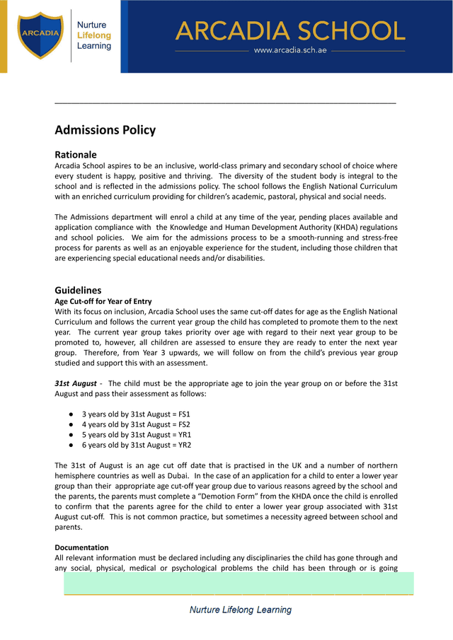 Admissions Policy screenshot