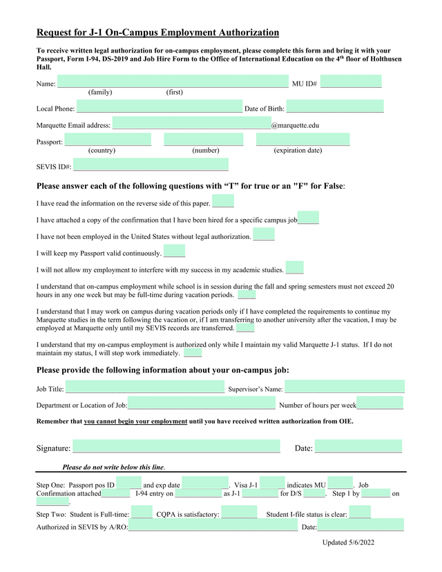 Request For J 1 On Campus Employment Authorization screenshot