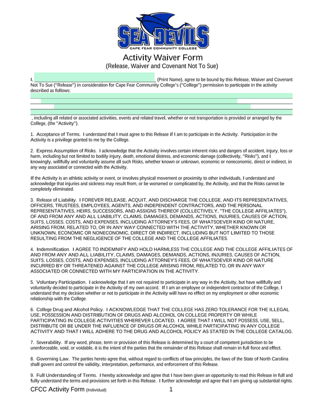 Activity Waiver Form (Release, Waiver And Covenant Not To Sue) screenshot
