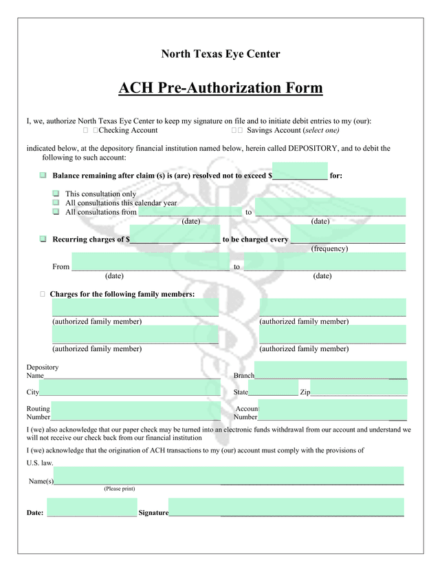 ACH Pre Authorization Form screenshot