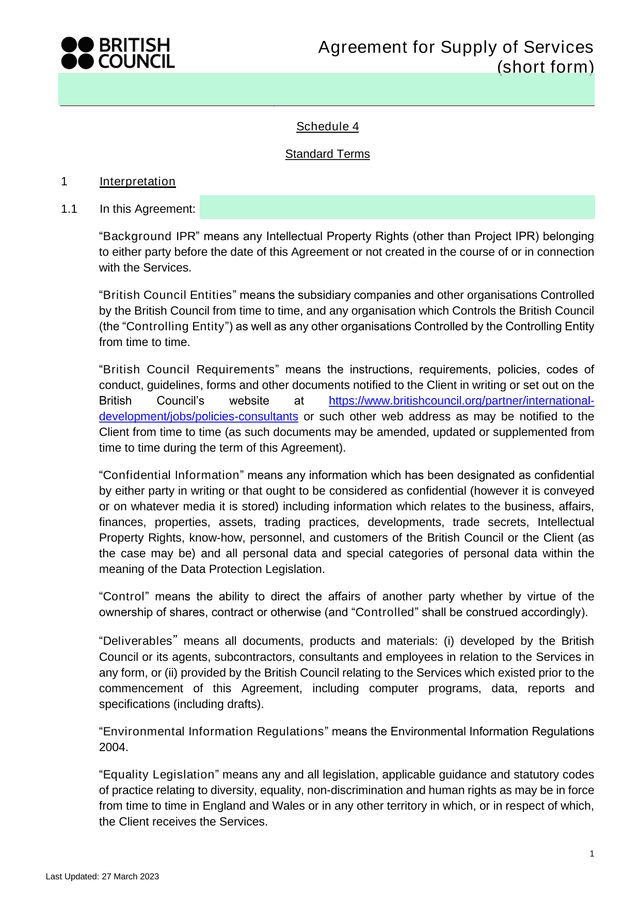 Agreement For Supply Of Services (Short Form) screenshot