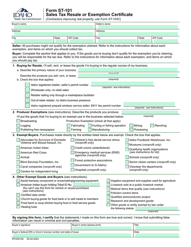 Producer Exemptions And Other Exempt Goods Form screenshot