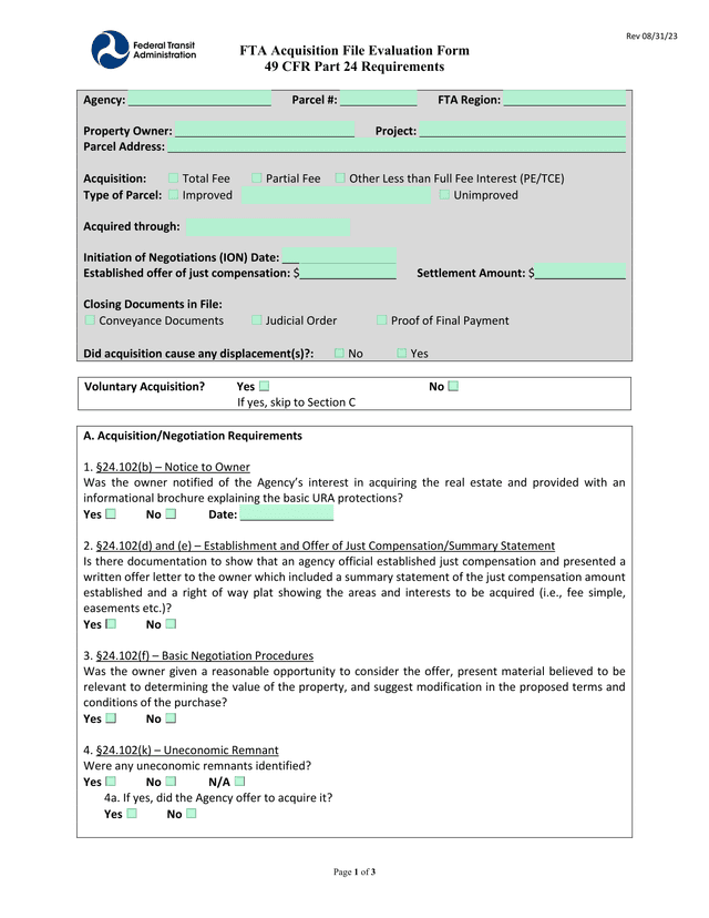 FTA Acquisition File Evaluation Form screenshot