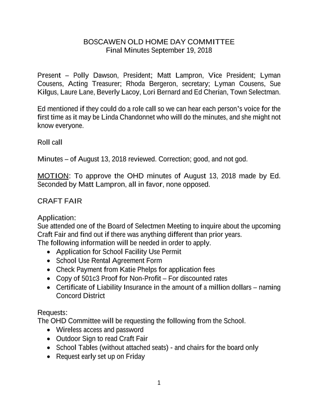 Boscawen Old Home Day Committee Final Minutes screenshot